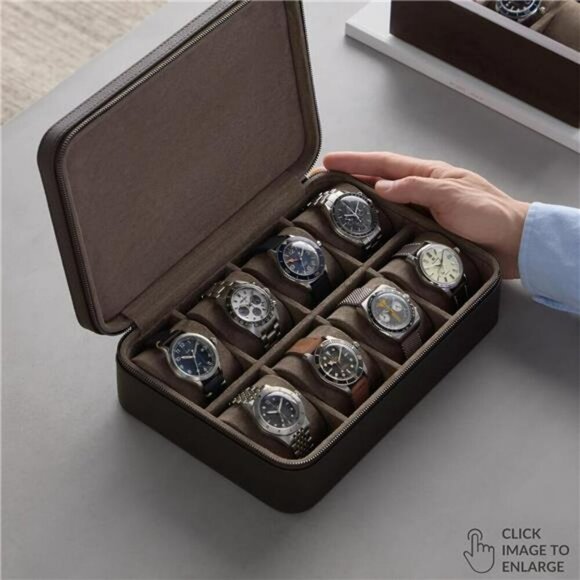 Tawbury Leather Watch Case 8 Slot Travel Watch Box with Zipper Brown - Picture 2 of 8